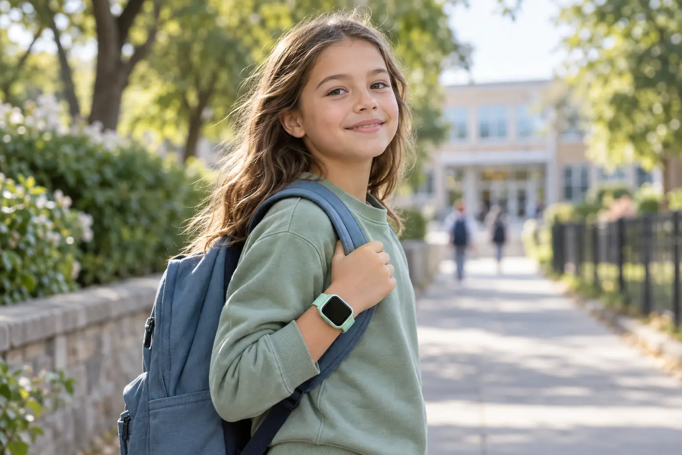 Jeune fille portant une montre connectée sur le chemin de l’école.
